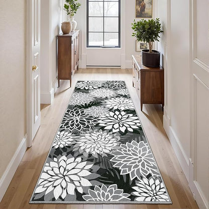 Area Rug 2x6 Black White Washable Entry Rug Multicolored Tropical Botanical Modern Floral Indoor Kitchen Door Mat Entrance Carpet Non Slip for Bedroom Living Room, Porch