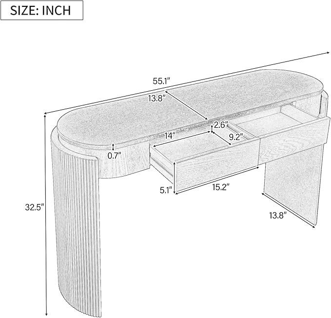 55" Sofa Table with Oval Top and 2 Drawers, Entryway Console Table with Fluted Design for Hallway,Foyer,Entry and Living Room (Fully Assembled-Pine Wood)