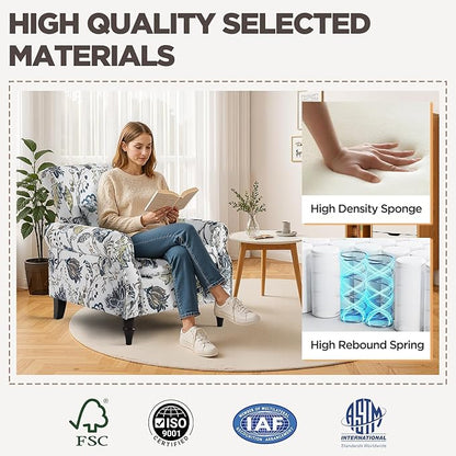 Wingback Accent Chair with Removable Pillow, High Back Floral Armchair with Solid Wood Legs & Nailhead Trim, Comfy Upholstered Reading Single Sofa Chair for Bedroom (1, Blue Floral Pattern)