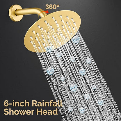 Airuida Shower Faucet Set,Single Function Shower Trim Kit,Wall Mount 6 Inch Round Rainfall Shower Head and Handle Set,Single Handle Shower System Set Male Threads Rough-in Valve Brushed Gold