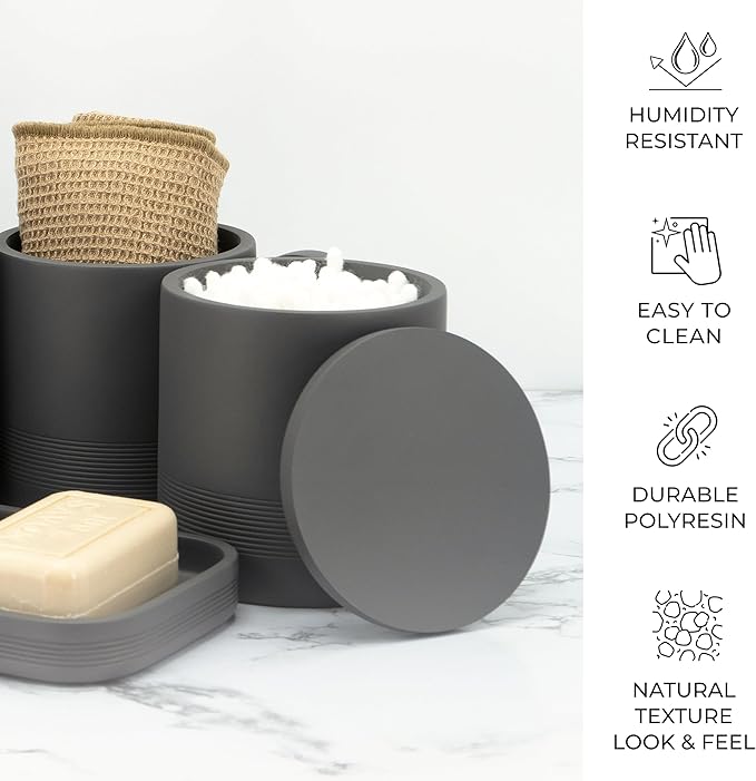 ZCCZ Gray Bathroom Accessories Set 6 Pieces - Toothbrush Holder, Lotion Dispenser, Qtip Container, Vanity Tray, Tumbler - Countertop Organizer for Bathrooms - Elegant and Functional Décor Set