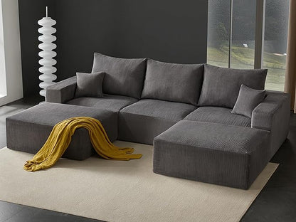 Boneless Sectional Cloud Couch Sofa for Living Room, 112" U-Shaped Modular Modern Lounge Sleeper Grey Couches with Chaise, No Assemble, Cordury Compression Upholstered Sofas