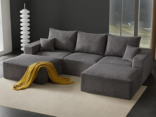 Boneless Sectional Cloud Couch Sofa for Living Room, 112" U-Shaped Modular Modern Lounge Sleeper Grey Couches with Chaise, No Assemble, Cordury Compression Upholstered Sofas