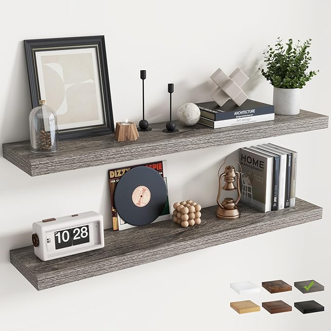 48 Inch Floating Shelves for Wall Set of 2, 8"D Wood Grain Bathroom Shelves with Invisible Brackets, Easy Install Engineered Wood Storage Shelves for Kitchen, Living Room, Bedroom, Grey Oak Finish