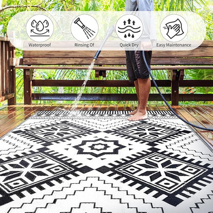 Waterproof Outdoor Rug 8x10ft, Boho Reversible Plastic Straw Mat for Patio RV Deck Porch Backyard Balcony Camping Picnic Beach Indoor Outdoor Carpet, Black&White