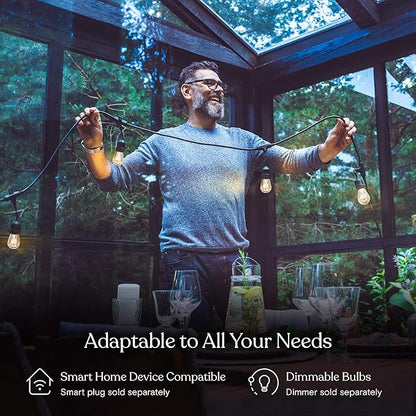 Brightech Ambience Pro Incandescent Outdoor String Lights - Commercial Grade Waterproof Patio Lights with 48 Ft Dimmable Edison Bulbs, Porch String Lights for Patio, Backyard - 15 Bulbs 11W