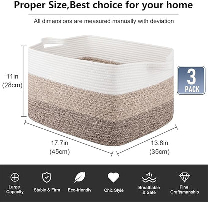 OIAHOMY Rectangle Woven Storage Basket - Nursery Cotton Rope Baskets for Storage, Toy Basket Organizing for Living Room, 17.7"x13.8"x11"- Pack of 3 - Gradient Yellow