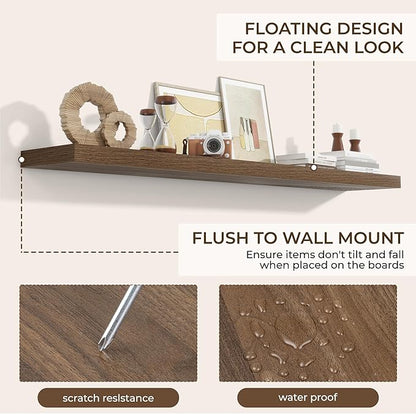 RICHFOCUS 72Inch Floating Shelves for Wall 2 Pack Shelves for Bedroom|Kitchen|Bathroom Wall Mounted Rustic Wood Floating Shelf with Invisible Brackets for Books|Storage|Decor, Walnut