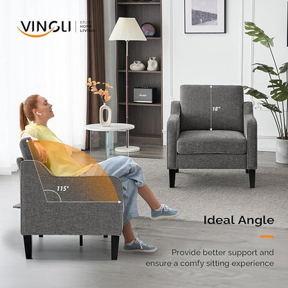 VINGLI Accent Chairs Set of 2 for Living Room, Light Grey Mid Century Modern Chair Soft Chenille Sofa Chair Upholstered Comfy Arm Chairs for Bedroom, Play Room, Apartment