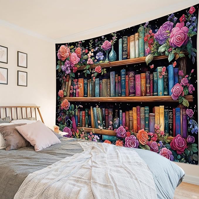 HVEST Bookshelf Tapestry Wall Hanging Pink Floral Green Leaf Watercolor Plant Botanical Aesthetic Tapestry Vintage Library Book Tapestries for Bedroom Living Room Dorm, 51L x 59W Inches