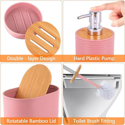 Pink Bathroom Set, 25 PCS Bathroom Accessories Set with Shower Curtains, Rugs, Trash Can, Toothbrush Holder, Soap Dispensers, Toothbrush Cup, Vanity Tray, Soap Dish, Toilet Brush, Qtip Holders