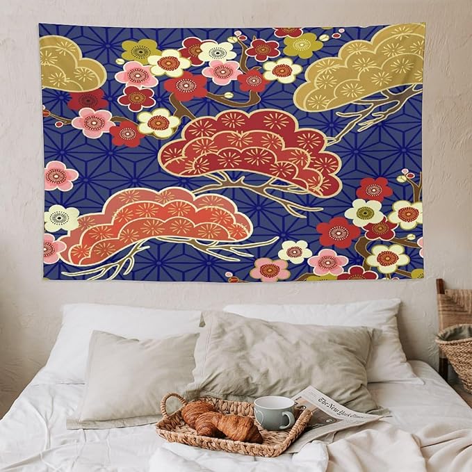 HZOHNAGO Japanese Tapestry Art Abstract Colorful Cherry Blossom Blue Background Pattern Printed Wall Tapestry Painting Wall Hanging for Bedroom Living Room Dorm 90" W x 60" H