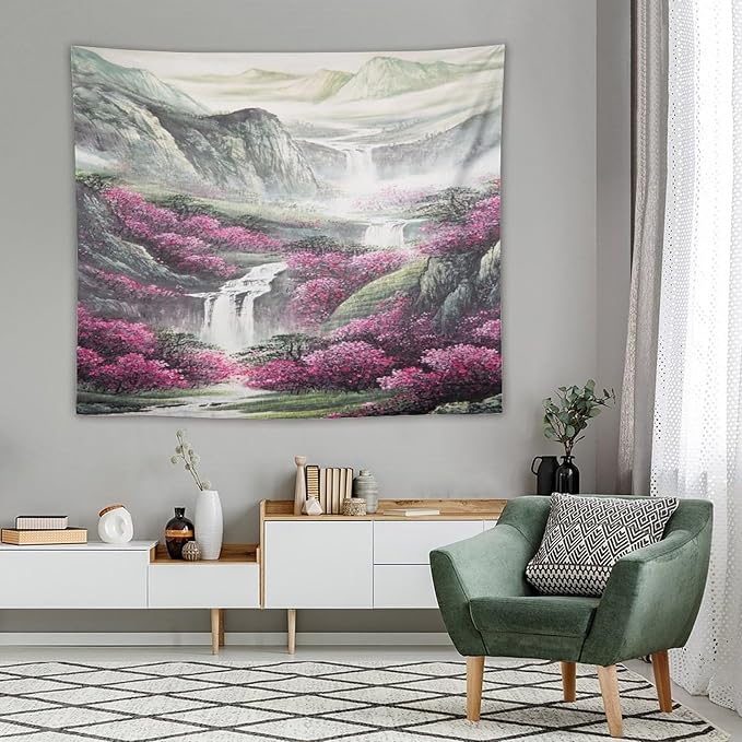 Japanese Tapestry, Red Plum Blossom Mountain Tapestry, Asian Japanese Wall Tapestry, Nature Landscape Tapestries for Bedroom Living Room Decor 60"x50"