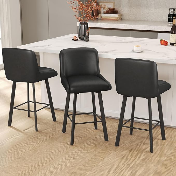 Swivel Bar Stools, 26''H Upholstered Barstools with Backs, Modern Counter Height Bar Stool Chairs for Kitchen Island, Metal Legs (Black- Faux Leather, Set of 3-26" H)