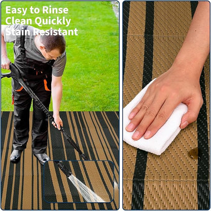 Waterproof Outdoor Rug 8x10 Contemporary Reversible Plastic Straw Rug, Easy Cleaning Striped Patio Carpet, UV-Resistant Indoor Outdoor Floor Cover for RV, Porch, Deck, Backyard, Black Brown