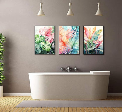 3pcs Tropical Botanical Canvas Wall Art Monstera Leaves Posters Botanical Prints Bohemian style Wall Decor Pictures Palm Leaves Paintings for Bathroom living room Decoration Unframed