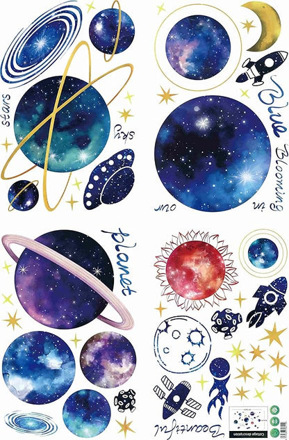 Quanhaigou Blue Purple Galaxy Wall Decals, Removable Sticker,The Art Magic 3D Milky Way Cosmic Stars Spacecraft Dreamscape Home Decor for Bedroom Living Room Floor Ceiling Kids Room