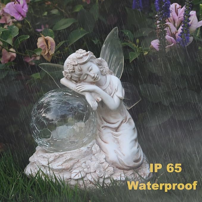 Solar Angel Garden Statue Outdoor Decor with Crackle Glass Globe Color Changing Light Angels Garden Figurines Garden Decor Lawn Ornaments for Patio Yard Lawn