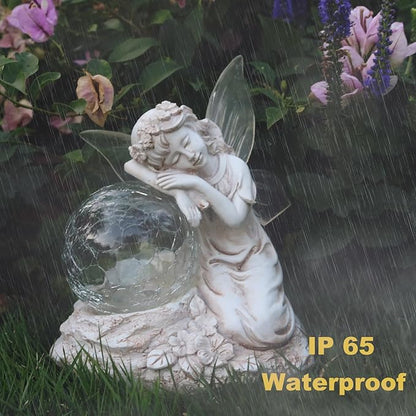 Solar Angel Garden Statue Outdoor Decor with Crackle Glass Globe Color Changing Light Angels Garden Figurines Garden Decor Lawn Ornaments for Patio Yard Lawn