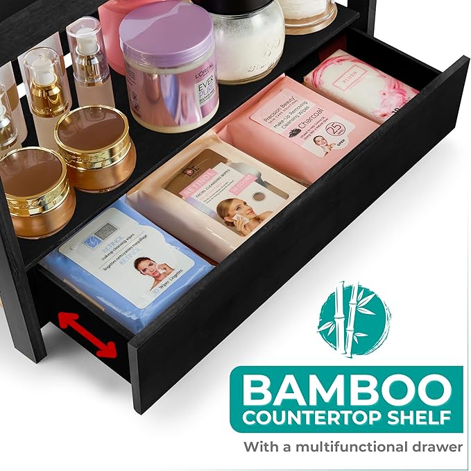 Sorbus Bamboo Bathroom Counter Organizer – 2-Tier Shelf with Hidden Drawer for Vanity, Matcha Station, Bathroom Sink Organizer Countertop, Kitchen & Office Storage (17″ L x 6.5″ W x 12.6″ H) (Black)