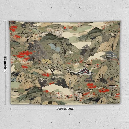 Asian Tapestry,Japanese Red Landscape Asian Watercolor Abstract Art Tapestry, Asian Japanese Wall Tapestry, Nature Landscape Tapestries for Bedroom Living Room Decor 80"x60"