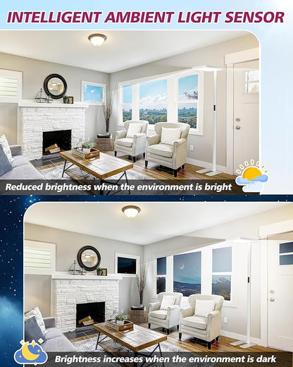 EMITEVER LED Floor Lamp, 100W Spectrum Eye Care Standing Lamp, 77'' Dimmable Motion Sensing & Daylight Sensing Reading Lamp for Study, Living Room, Conference, Office, 4000K Natural Daylight, White