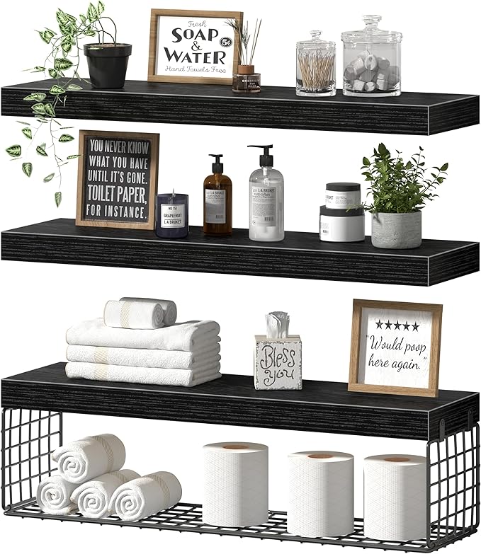 QEEIG Bathroom Shelves 24 inches Long - Floating Shelf for Wall Over Toilet Paper Storage Basket Farmhouse Set of 3, Black (019-60B3)
