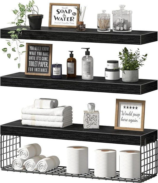 QEEIG Bathroom Shelves 24 inches Long - Floating Shelf for Wall Over Toilet Paper Storage Basket Farmhouse Set of 3, Black (019-60B3)