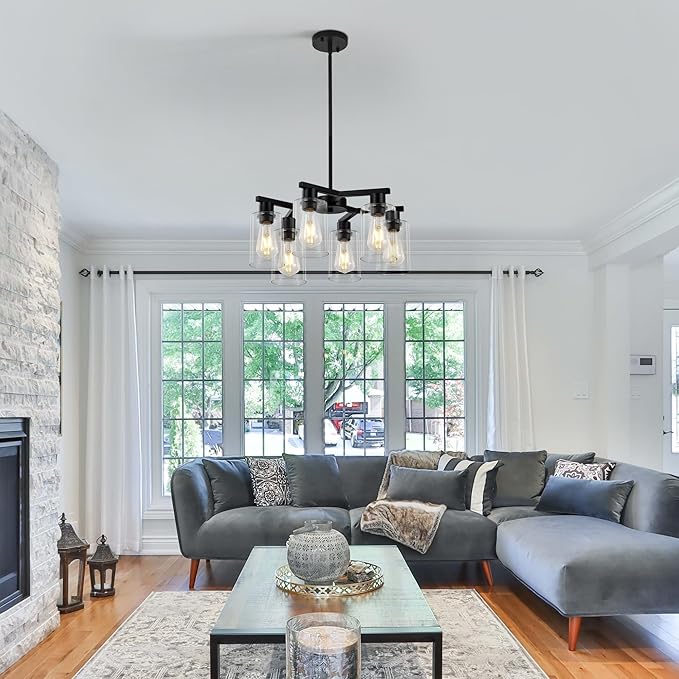 6-Light Black Modern Farmhouse Chandelier for Dining Room Ceiling Light Fixture with Clear Glass Shades, Adjustable Hanging Industrial Pendant Lighting for Living Room Kitchen Island Bedroom Entryway