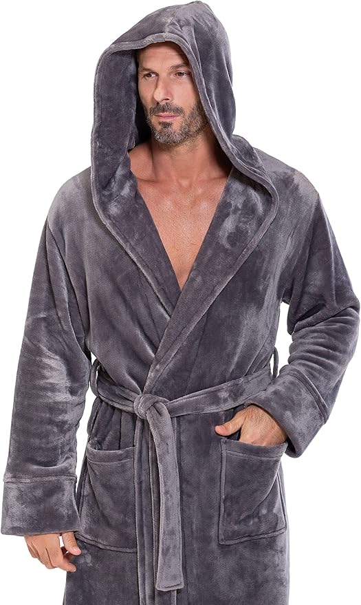 Turquaz Plush Robes For Men, Soft Fuzzy Hooded Mens Bathrobes, Long Comfy Robe For Men