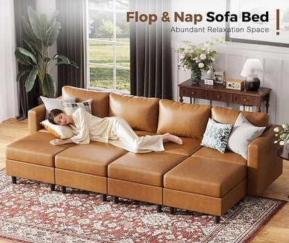 118.5" Faux Leather Modular Sectional Sofa, Modern Large 8 Seater U Shaped Couch with Storage Seat with Reversible Chaise Deep Seat for Living Room DIY Combination - Brown