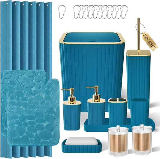 Bathroom Accessory Set - 25PC Teal Bathroom Set, Bathroom Set with Shower Curtain and Rugs, Bathroom Accessories Set, Shower Curtain Set, Trash Can & Soap Dispenser