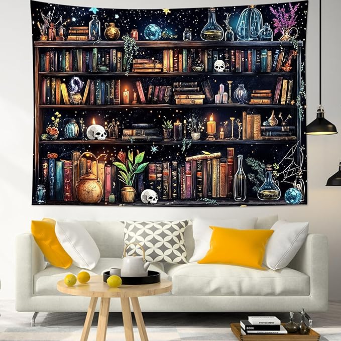HVEST Magic Bookshelf Tapestry Wall Hanging Vintage Bookshelf Witchy Books Plant Skull Gothic Halloween Wall Decor Starry Sky Tapestry for Bedroom Living Room Dorm, 60L x 80W Inches