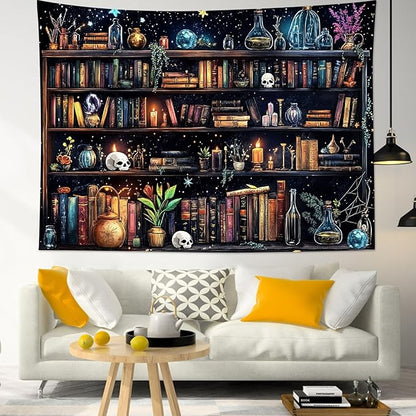 HVEST Magic Bookshelf Tapestry Vintage Bookshelf Witchy Books Plant Skull Gothic Halloween Tapestry Wall Hanging Starry Sky Wall Decor for Bedroom Living Room Dorm, 40L x 60W Inches