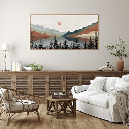 Tinonedraw Boho Mountain Framed Canvas Wall Art Set, Watercolor Nature Landscape Wall Decor, Neutral Modern Sunrise Artwork, Black Pine Trees Forest Art Prints for Living Room Bedroom Office 20"x40"