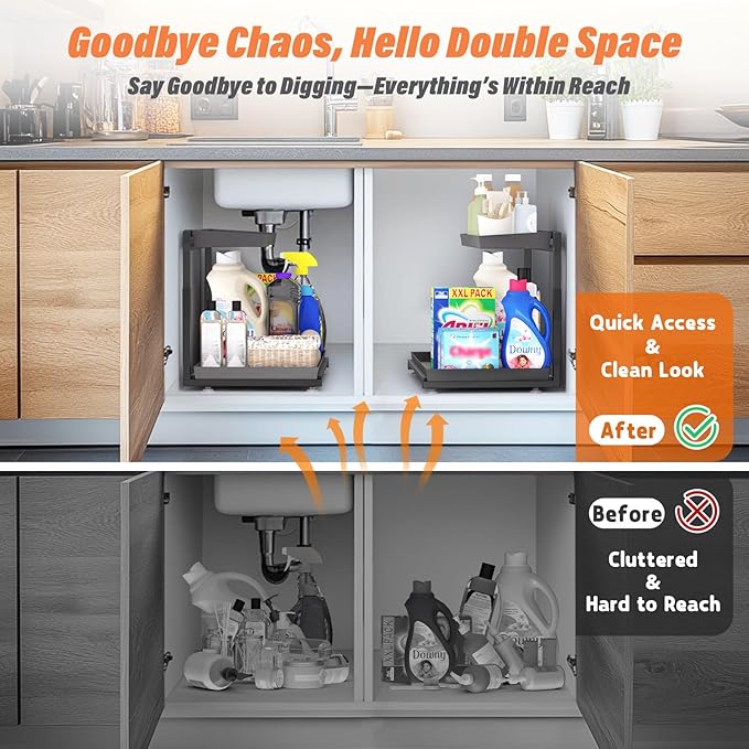 TATAANTY Under Sink Organizer, 2 Packs 2 Tier Black Steel Under Sink Storage, Undersink Organizers for Bathroom, Cabinet, Counter, Kitchen