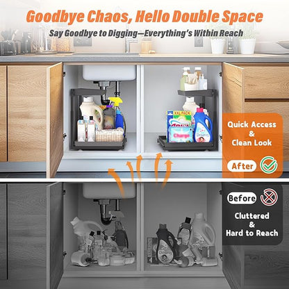 TATAANTY Under Sink Organizer, 2 Packs 2 Tier Black Steel Under Sink Storage, Undersink Organizers for Bathroom, Cabinet, Counter, Kitchen