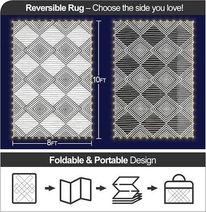 8x10ft Waterproof Outdoor Rug with LED Lights, Foldable Reversible Plastic Straw Mat for Patio RV Camping Picnic Balcony Beach Deck Indoor Outdoor Carpet, Black&White