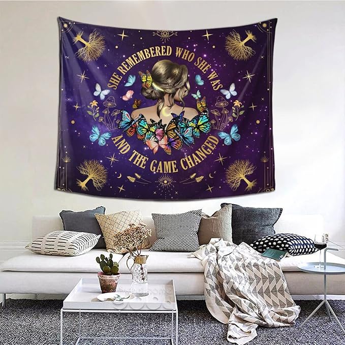 Inspirational Quote Tapestry She Remembered Who She Was And The Game Changed Positive Quotes Wall Decor,Uplifting Encouragement Gifts Inspirational Gift for Women Girls Tapestry for Bedroom 60"x50"