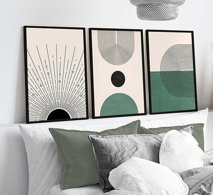 3 Pcs Sage Green Boho Canvas Wall Art Modern Abstract Minimalist Neutral Bohemian Sun Geometric Line Painting Picture Wall Decor Poster Print Artwork for Living Room Bedroom Home Decoration Unframed