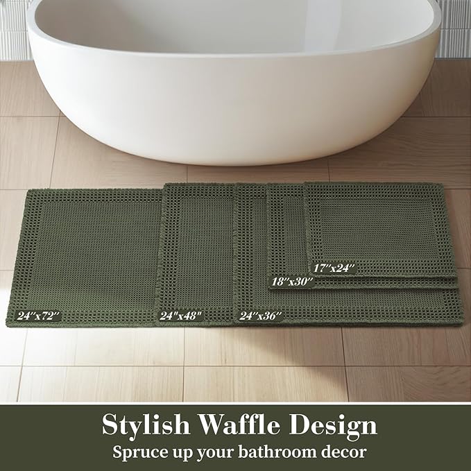 RESARE Waffle Bathroom Runner Rugs, Super Absorbent Bath Mat Non Slip Washable Quick Dry, Upgraded Ultra Soft Boho Bath Rugs with Tassels for Hallway Bedroom Laundry Room, 2'x6'(24"x72"), Green