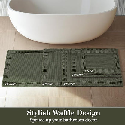 RESARE Waffle Bathroom Runner Rugs, Super Absorbent Bath Mat Non Slip Washable Quick Dry, Upgraded Ultra Soft Boho Bath Rugs with Tassels for Hallway Bedroom Laundry Room, 2'x6'(24"x72"), Green