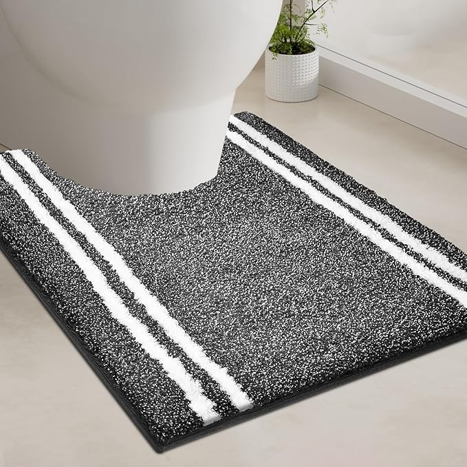 PURRUGS Bathroom Rug Non-Slip Machine Washable 20" x 24" U-Shaped, Super Absorbent and Quick Dry Shaggy Microfiber Bath Mat, Extra Soft and Plush Contour Rug for Toilet Base, Charcoal