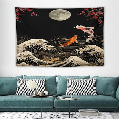 Houselerax Koi Fish Tapestry, Japanese Style Yin Yang Big Wave Cherry Blossom Tapestries Wall Hanging for Bedroom Living Room Office Decor 90"x60"