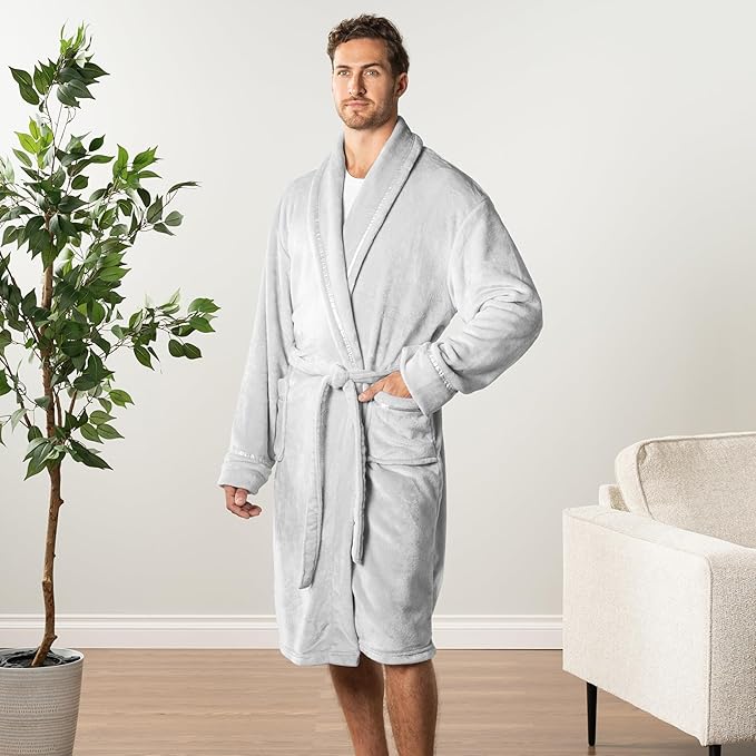 PAVILIA Mens Soft Robe | Warm Fleece Robes for Men, Soft Spa Bathrobe with Shawl Collar and Pockets