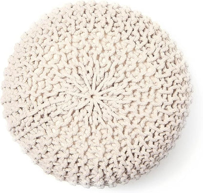 REDEARTH Round Pouf Ottoman - Cable Knitted Boho Poof - Home Décor Cord Pouffe Handmade Circular Footrest for Living Room - Bedroom - Kids Bedroom - 100% Cotton Pouf (19.5"x19.5"x14") - Natural