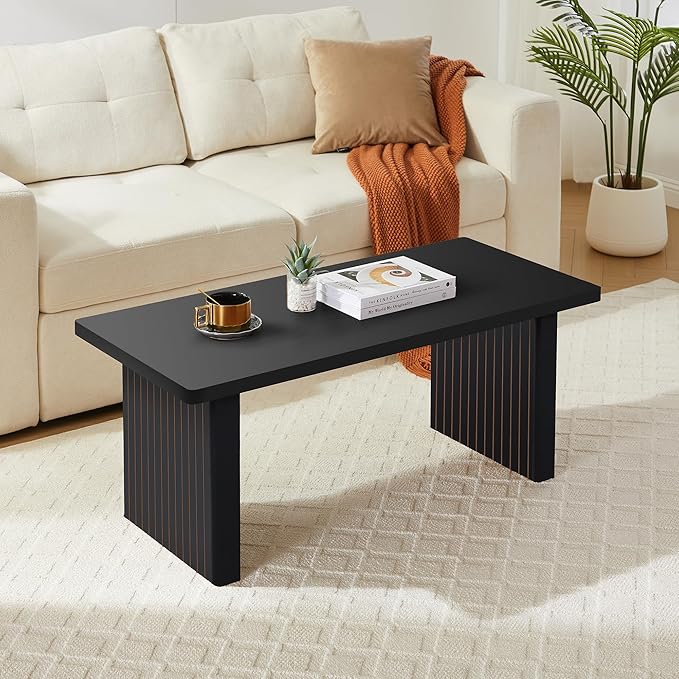 Rectangular Fluted Coffee Table, Farmhouse Wood Coffee Table Mid Century Modern Center Table Boho Living Room Tables for Living Room Office (Black, 19.69" D x 43.3" W x 17.72" H)