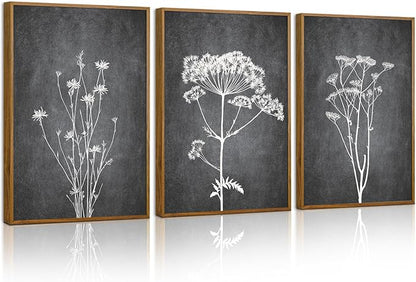 Tinonedraw Black and White Botanical Framed Canvas Wall Art Set, Vintage Floral Wall Decor, Dark Academia Minimalist Plant Art Paintings, Abstract Wildflower Art Print for Living Room Bedroom 16"x24"x3
