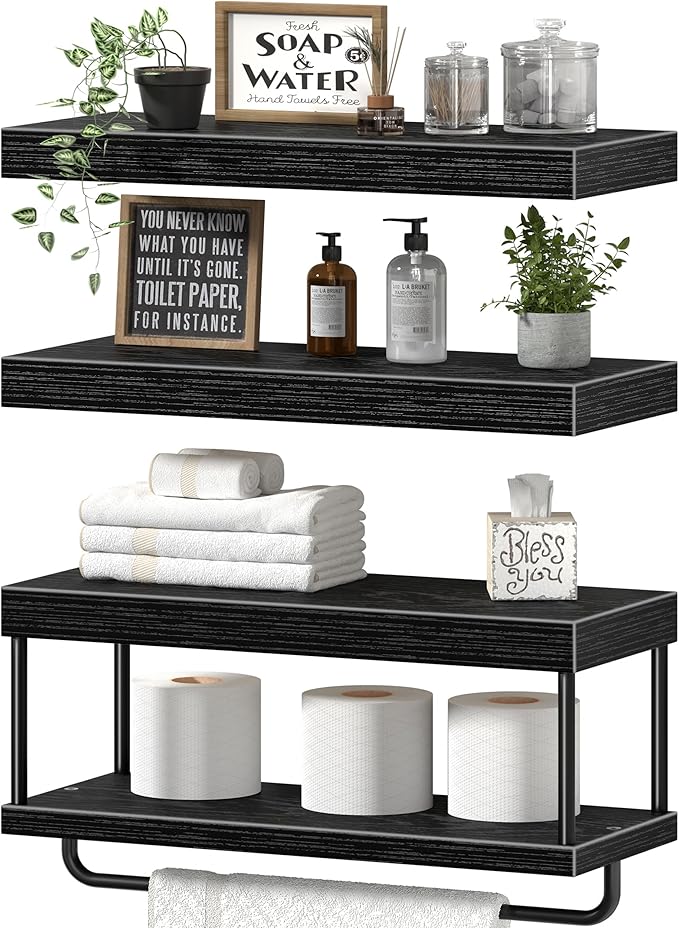 QEEIG Bathroom Floating Shelves Over Toilet - Wall Mounted Shelf Toilet Paper Storage Farmhouse 16 inch Set of 3, Black (027-40B3)