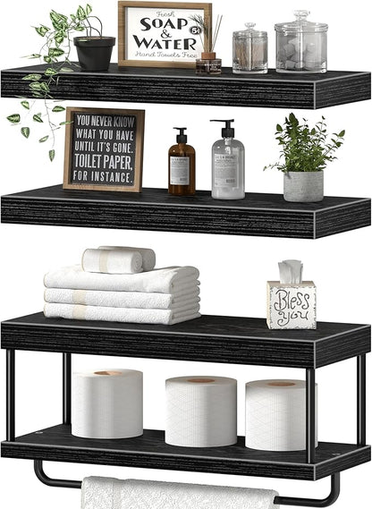 QEEIG Bathroom Floating Shelves Over Toilet - Wall Mounted Shelf Toilet Paper Storage Farmhouse 16 inch Set of 3, Black (027-40B3)